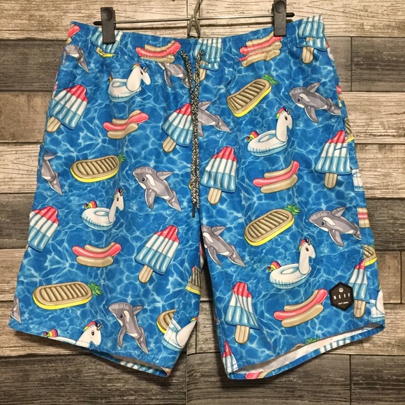 Neff Drawstring Shorts Men’s L Blue (Inseam 9) Unicorn Whale Popsicle Print - Picture 5 of 11